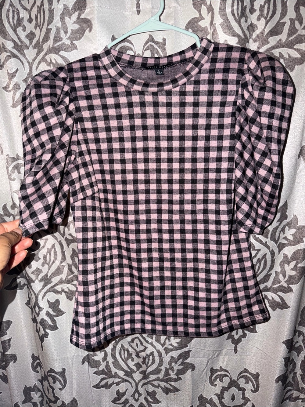 Haute Monde Pink and Black Gingham Puff-Sleeve Tee